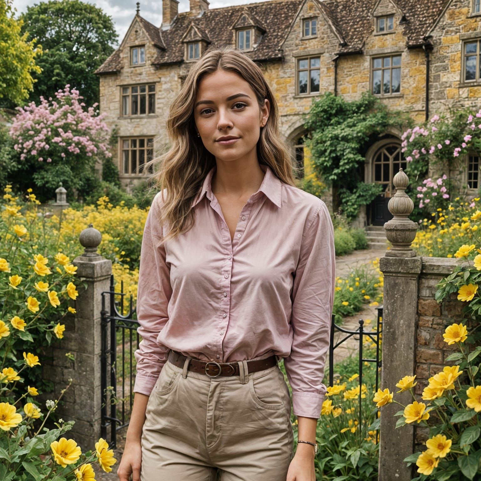Woman in Pink by Manor House with Flower Garden