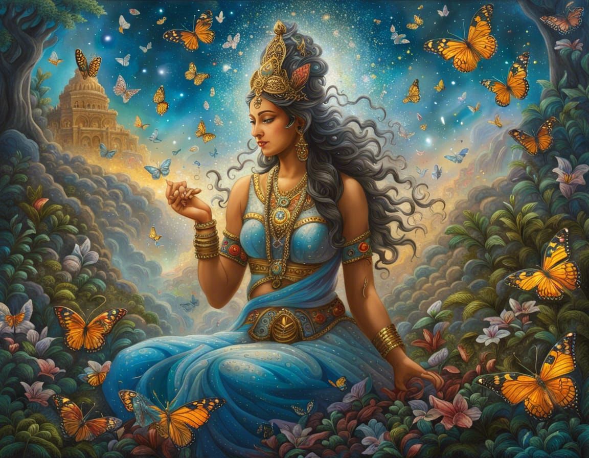 Enchanted Forest Temple: Saraswati in Pointillism Style