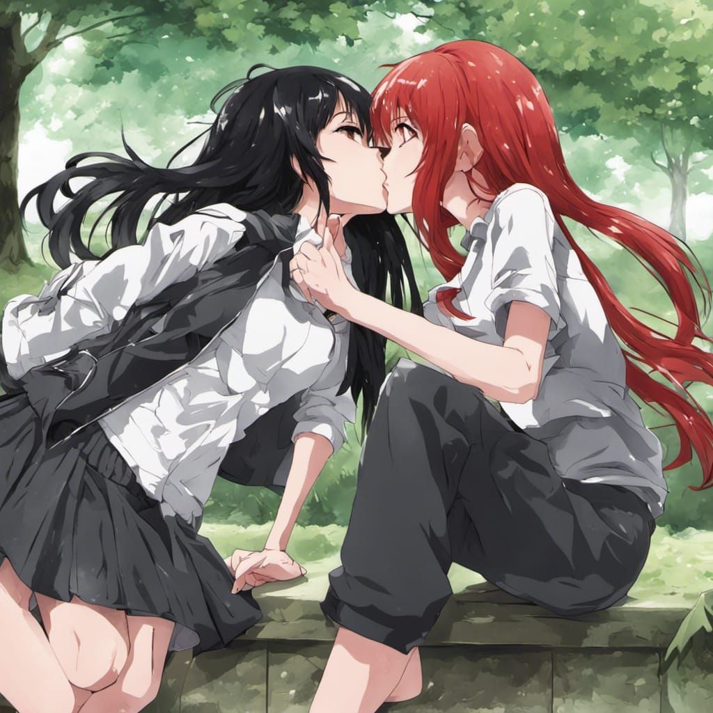 Anime Style: Girls Kissing in Park