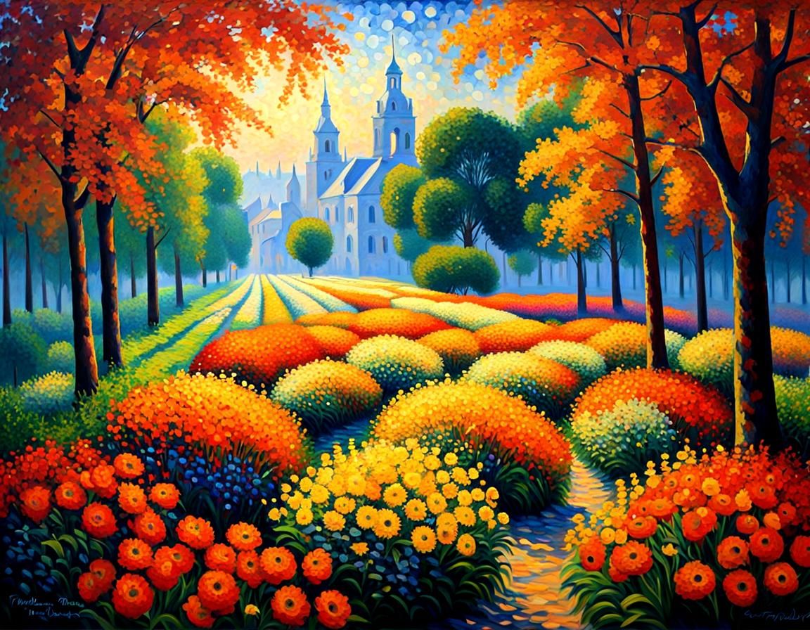 Neo-Impressionist Flower Field Painting