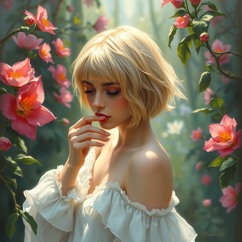 Eerie Impressionist Garden Scene with Blonde Woman