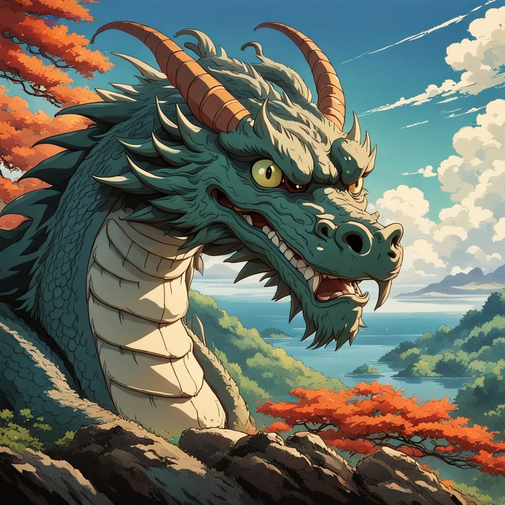 Japanese Dragon Head in Studio Ghibli Style