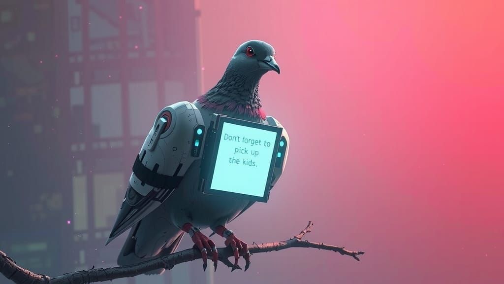 Futuristic Cyborg Pigeon with Message in Cyberpunk City