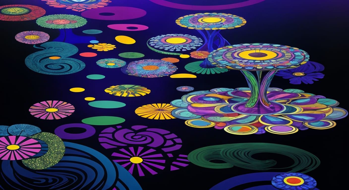 Psychedelic Garden River Art with Geometric Patterns