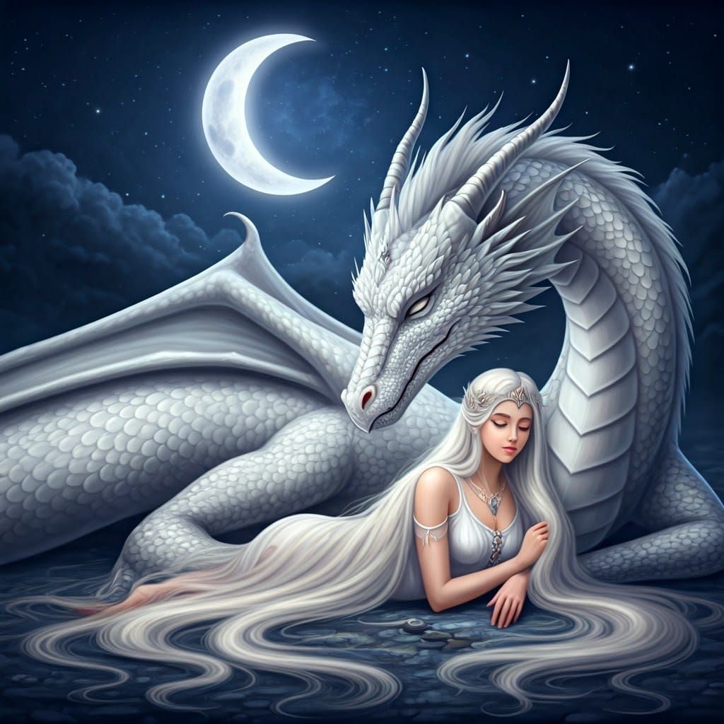 Sleeping Princess with White Dragon in Moonlight