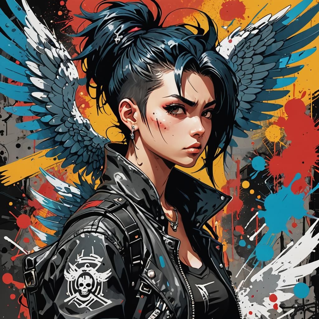 Anime Punk Angel with Mohawk in Graffiti Art Style
