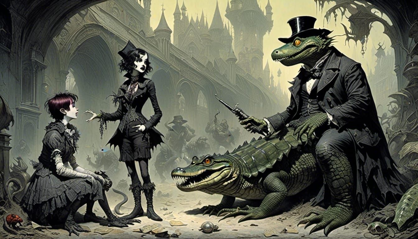 Alligator Woman Chatting With Hipster Alligator