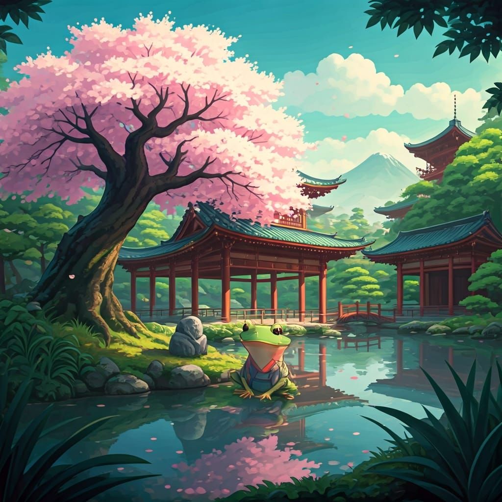 Frog in Kimono Under Sakura Tree, Anime Style