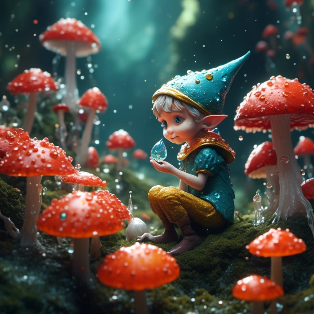 Dreamlike Macro Photo of Tiny Elf on Mushroom