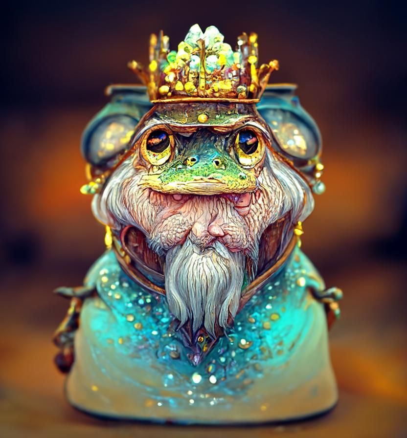 Wise Frog King in Photorealistic Fantasy Style