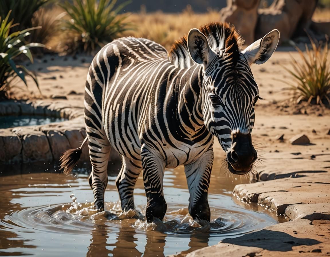 Baby Zebra Drinks on Savannah: Hyperrealistic Splash Art
