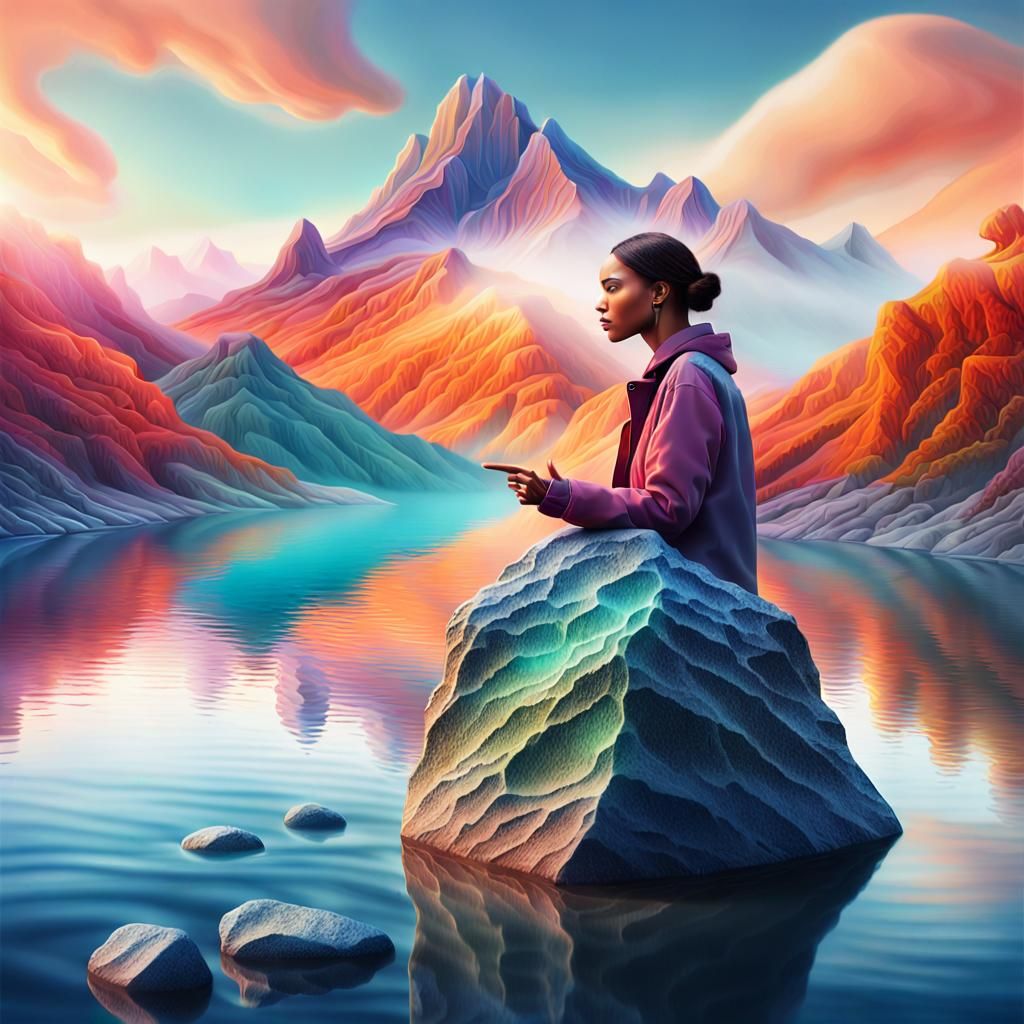 Surreal Mountain River Reflects Woman's Portrait