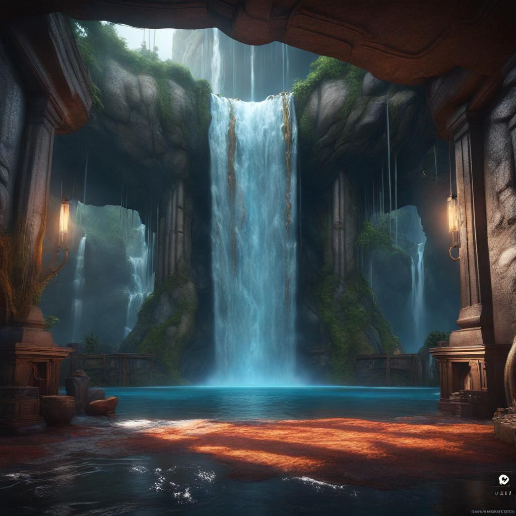 Fantastical Room Inside Waterfall in Detailed Matte Painting