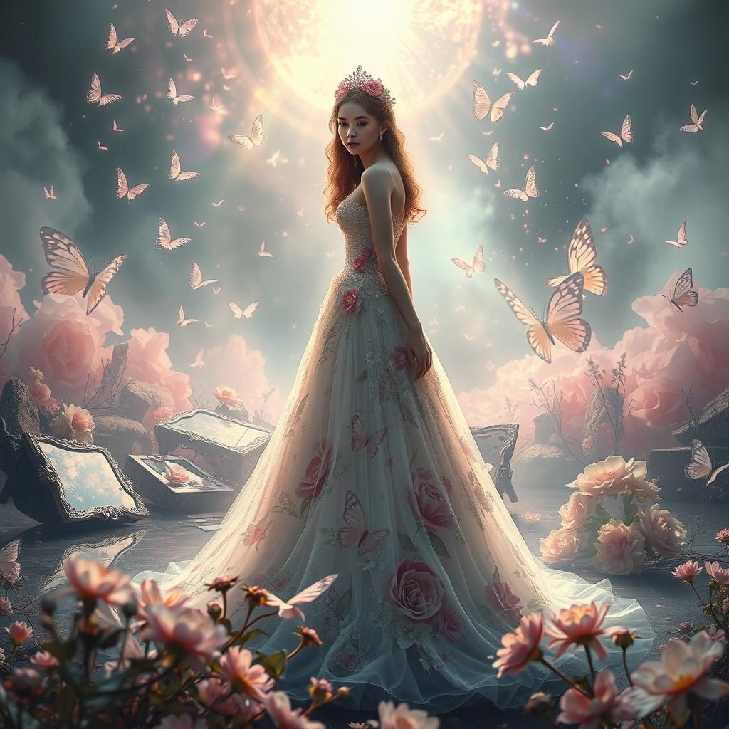 Ethereal Princess in Floral Gown Amidst Ravaged Landscape