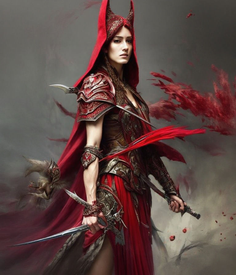 Red Hooded Warrior Woman with Bloody Blade