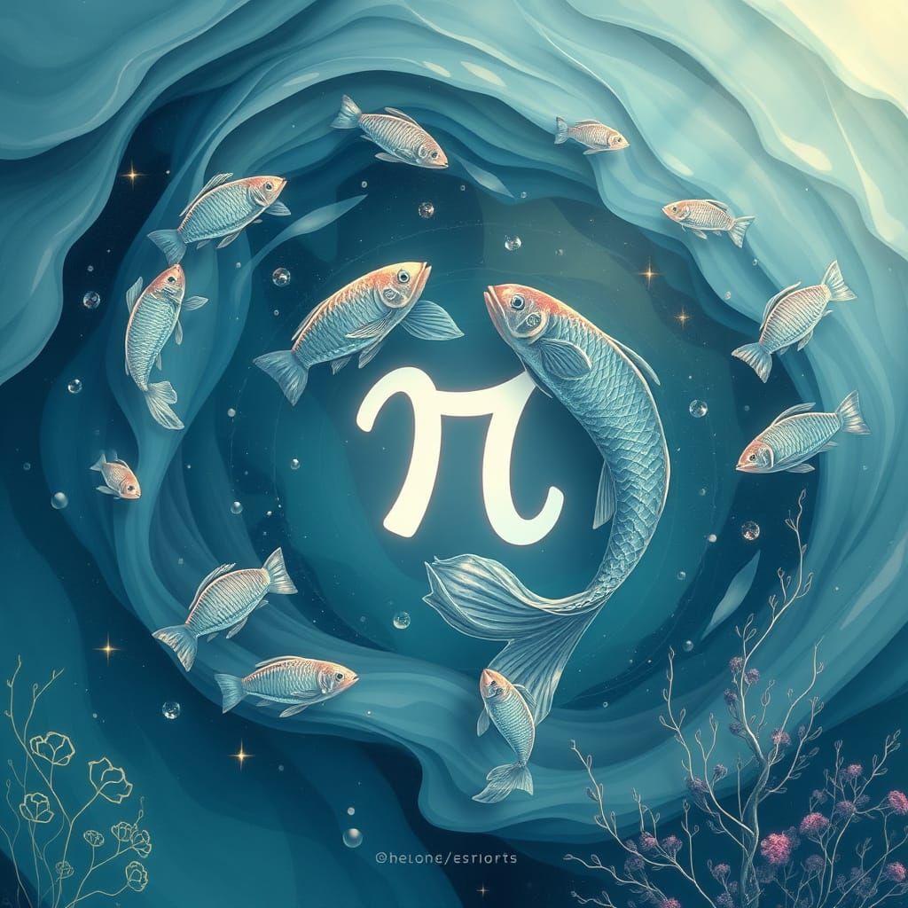 Dreamy Pisces Zodiac Symbol in Water with Fish