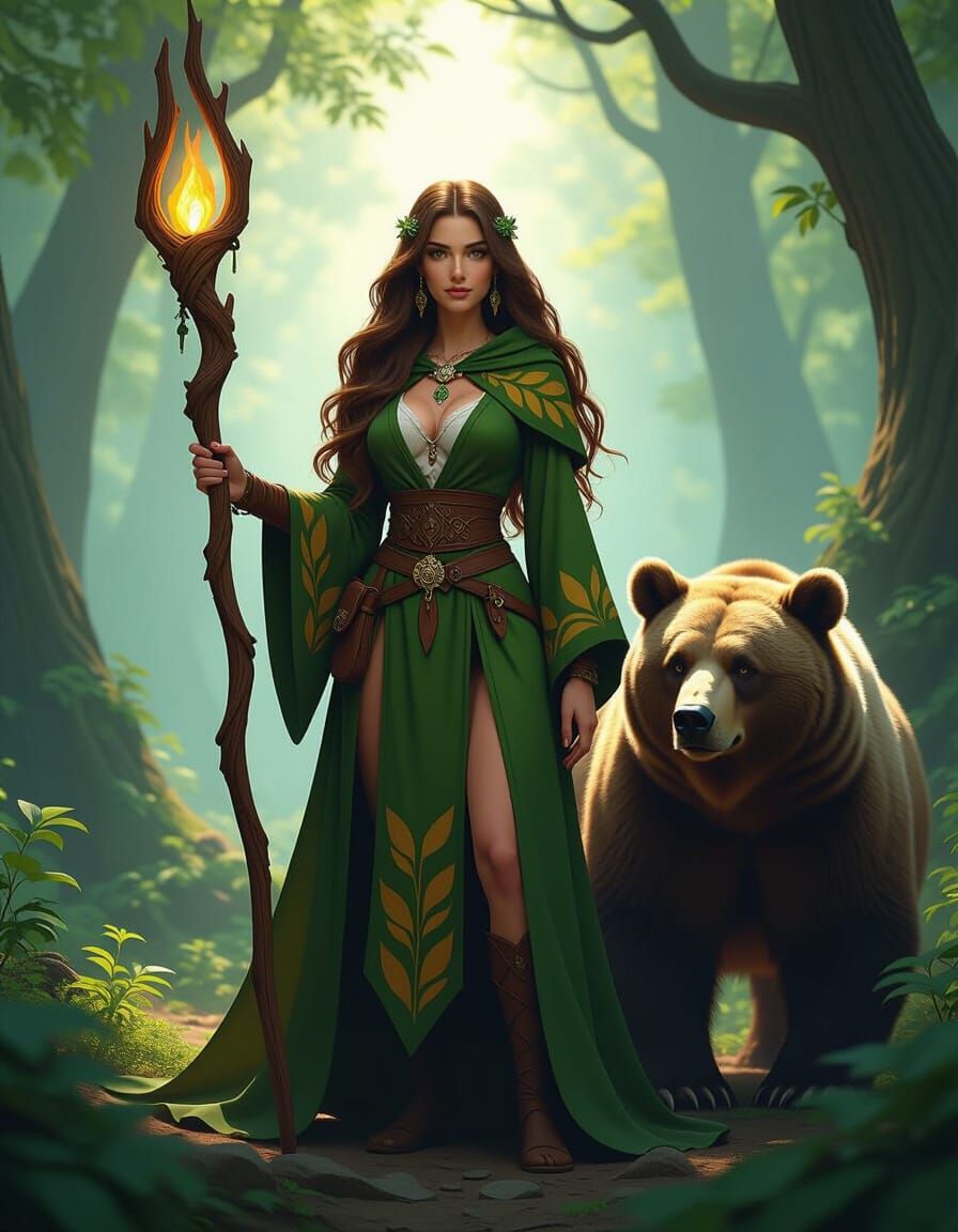 Druid in Mystical Forest with Bear, Dark Fantasy Art