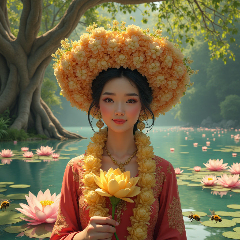 Thai Woman with Lotus Flowers in a Dreamscape