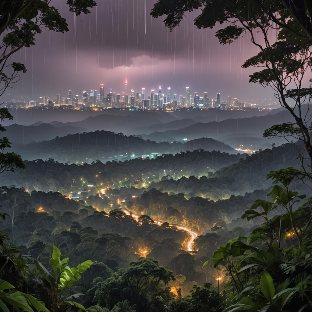 Rainforest City: Neon Lights and Nature