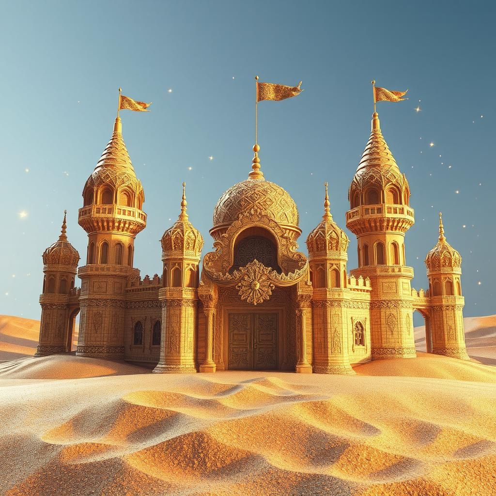 Golden Sand Castle with Crystal Sparkles: Digital Illustrati...