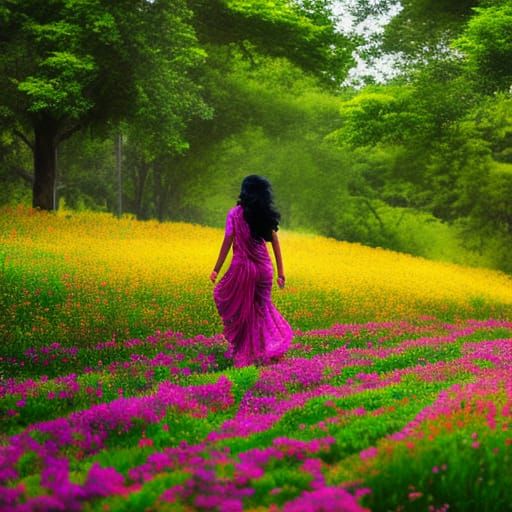 South Asian Girl Running Through Flower Meadow