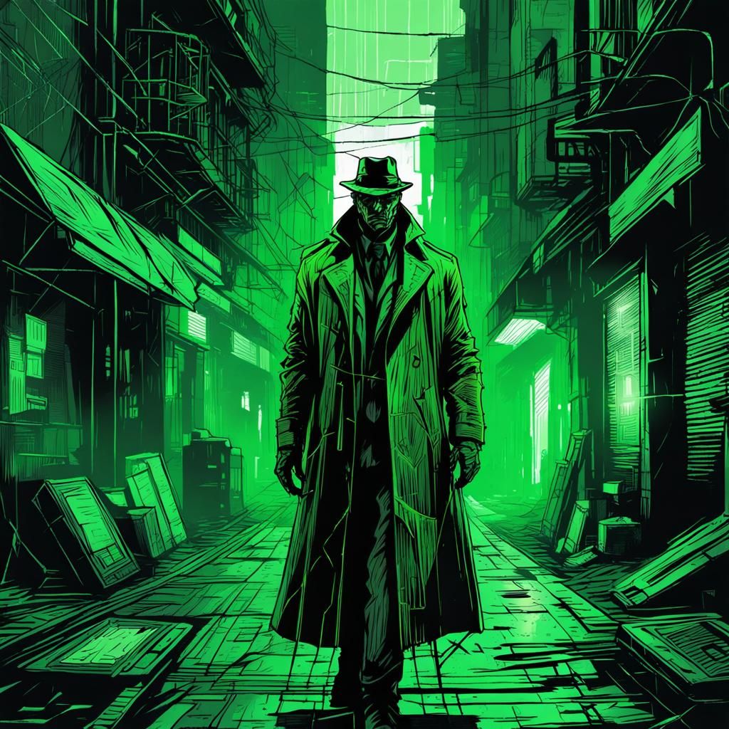 Cyberpunk Detective Scans Crime Scene with Laser