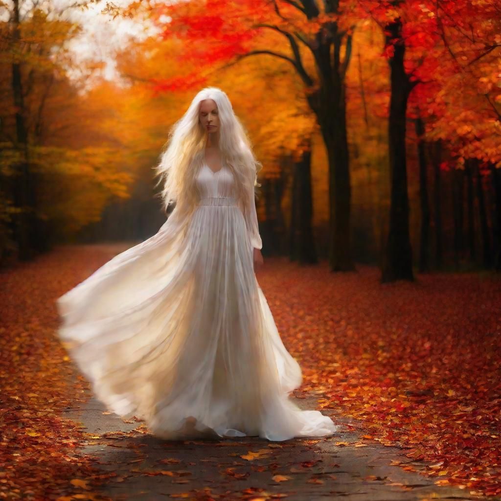 Woman with White Hair in Autumn Forest