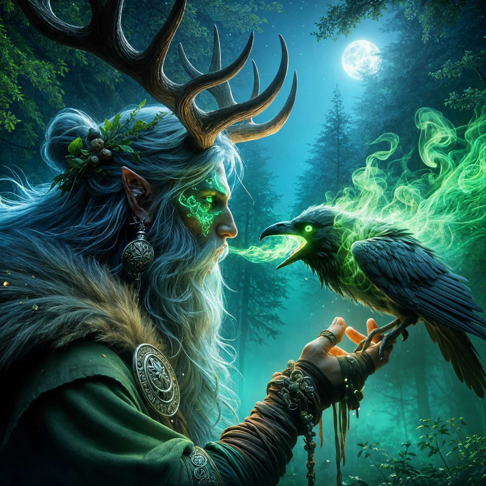 Druid Shaman and Raven in Enchanted Forest