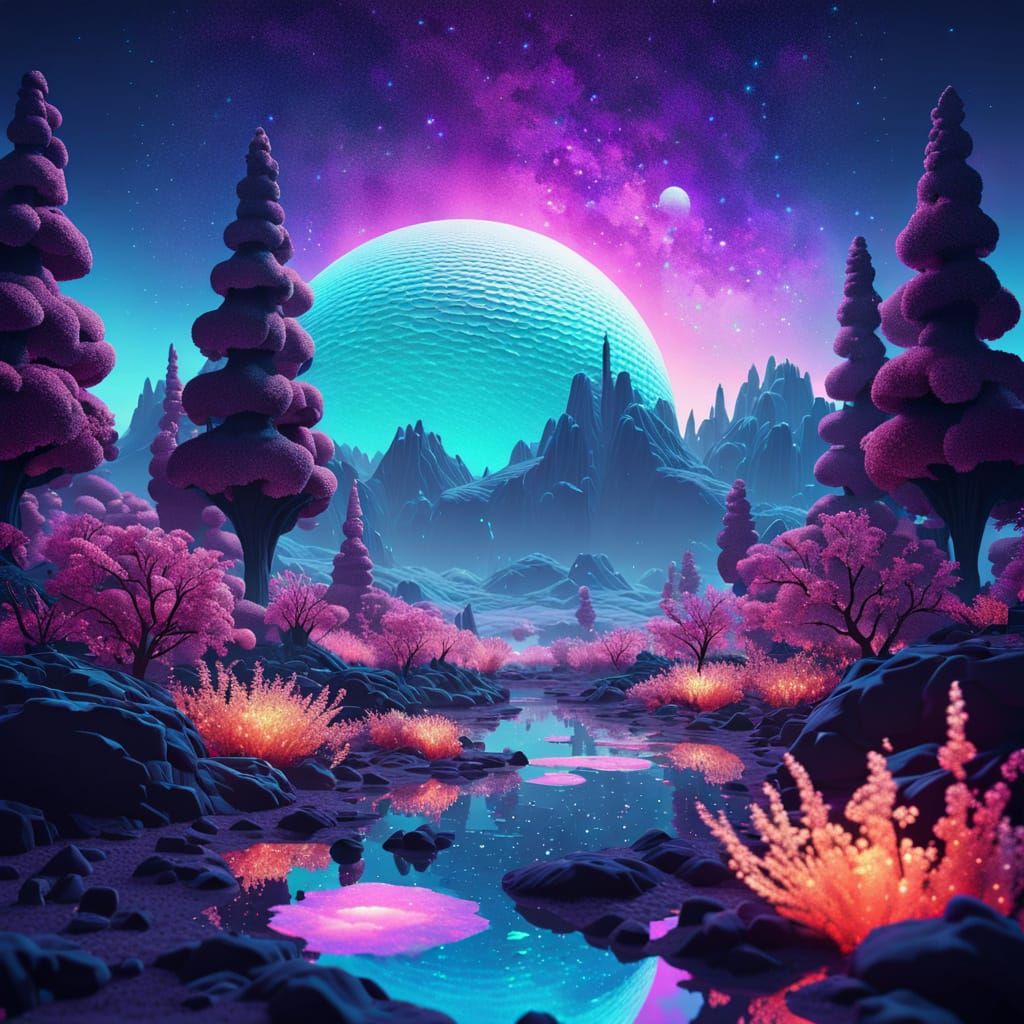 Alien Planet Under Double Stars in Pixel Art Style