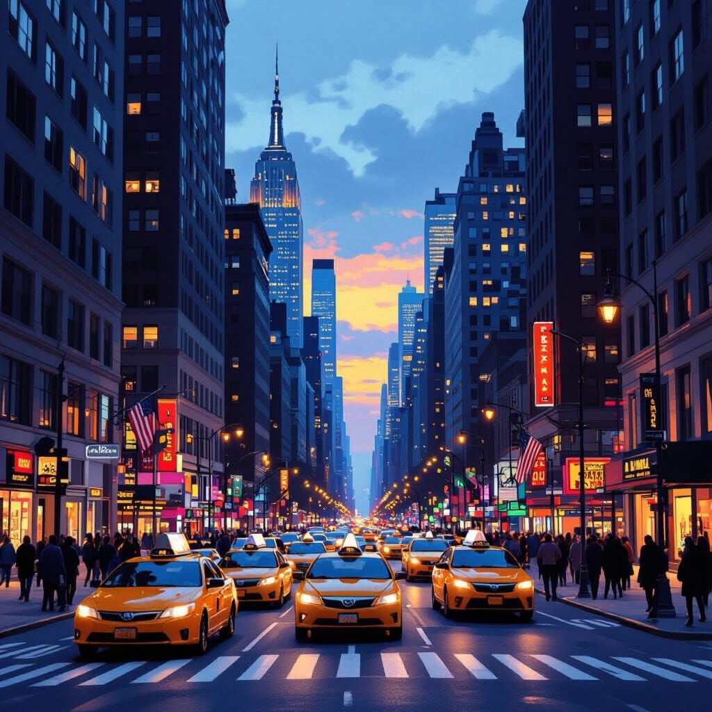 Bustling NYC Street at Dusk: Cinematic Digital Painting
