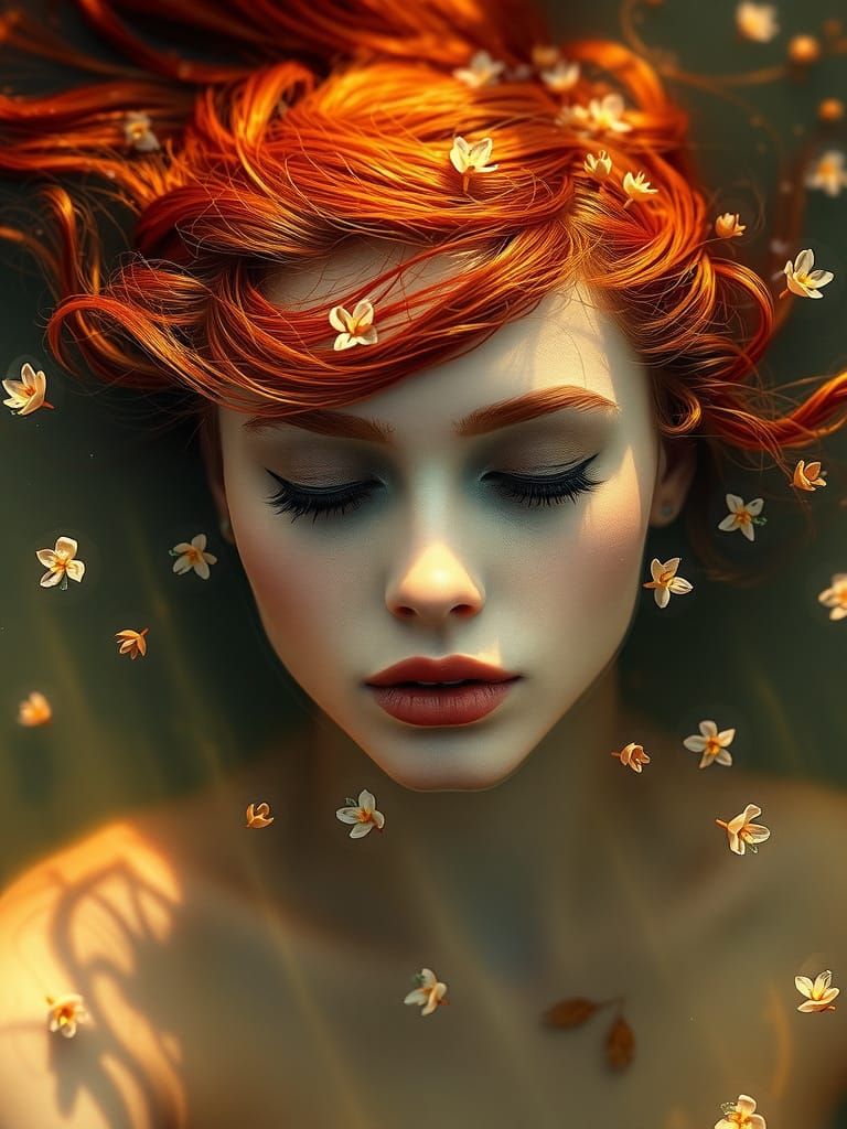 Red-Haired Woman Floats in Sunlit Lake: Hyperrealistic Art