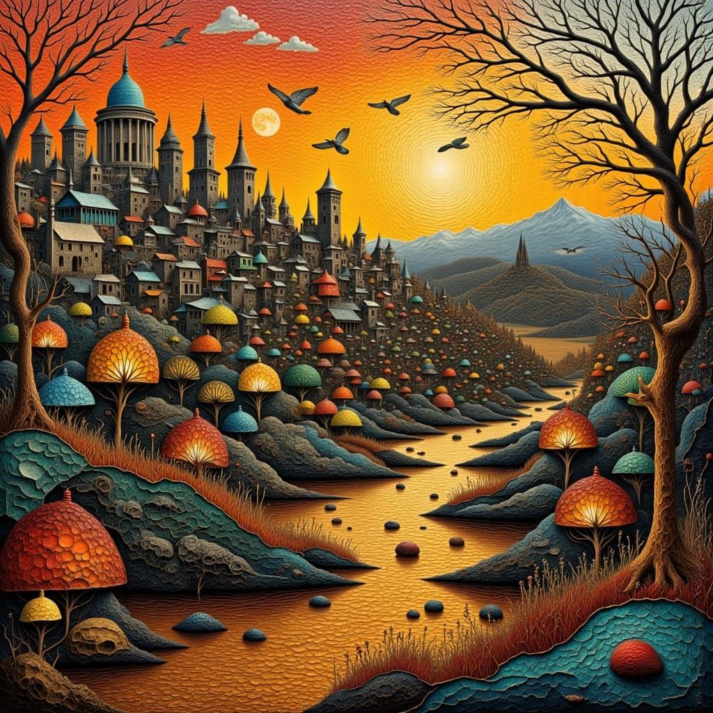 Surreal Cityscape in Kintsugi Mosaic Style with Impasto Text...