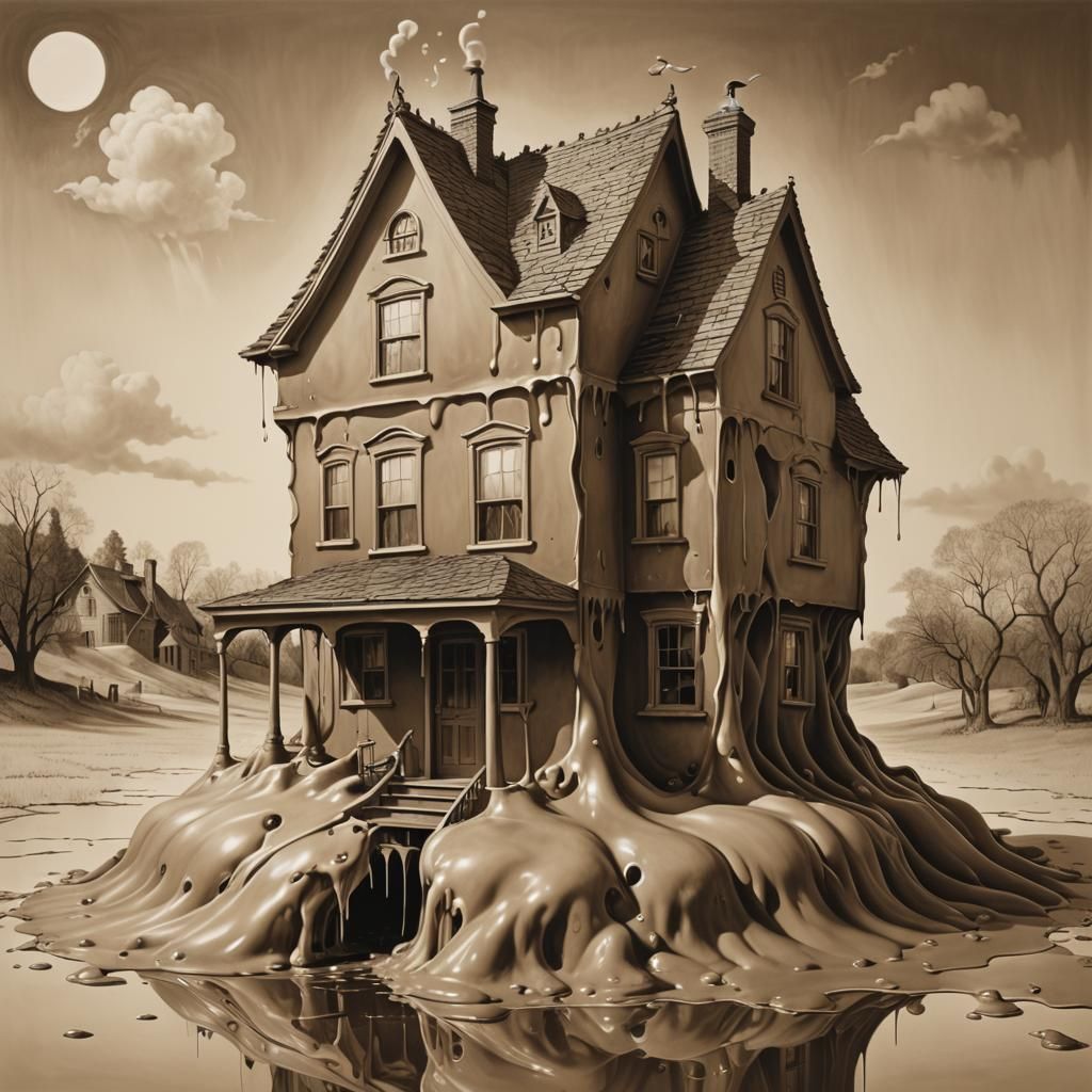 Surreal Melting House Illusion in Sepia