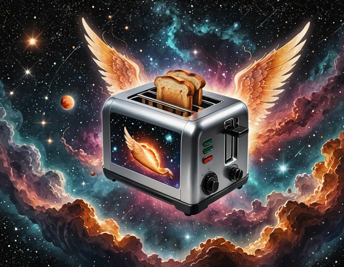 Toaster with Wings Drifting in Cosmic Space
