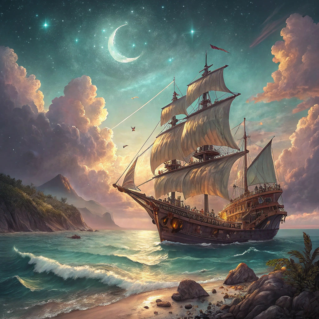 Pirate Ship on Mediterranean Sea at Dusk