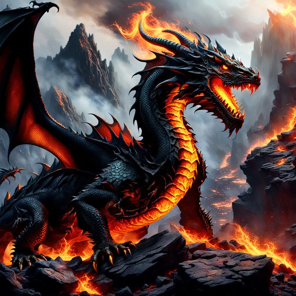 Blazing Fire Dragon on Molten Rock Cliff
