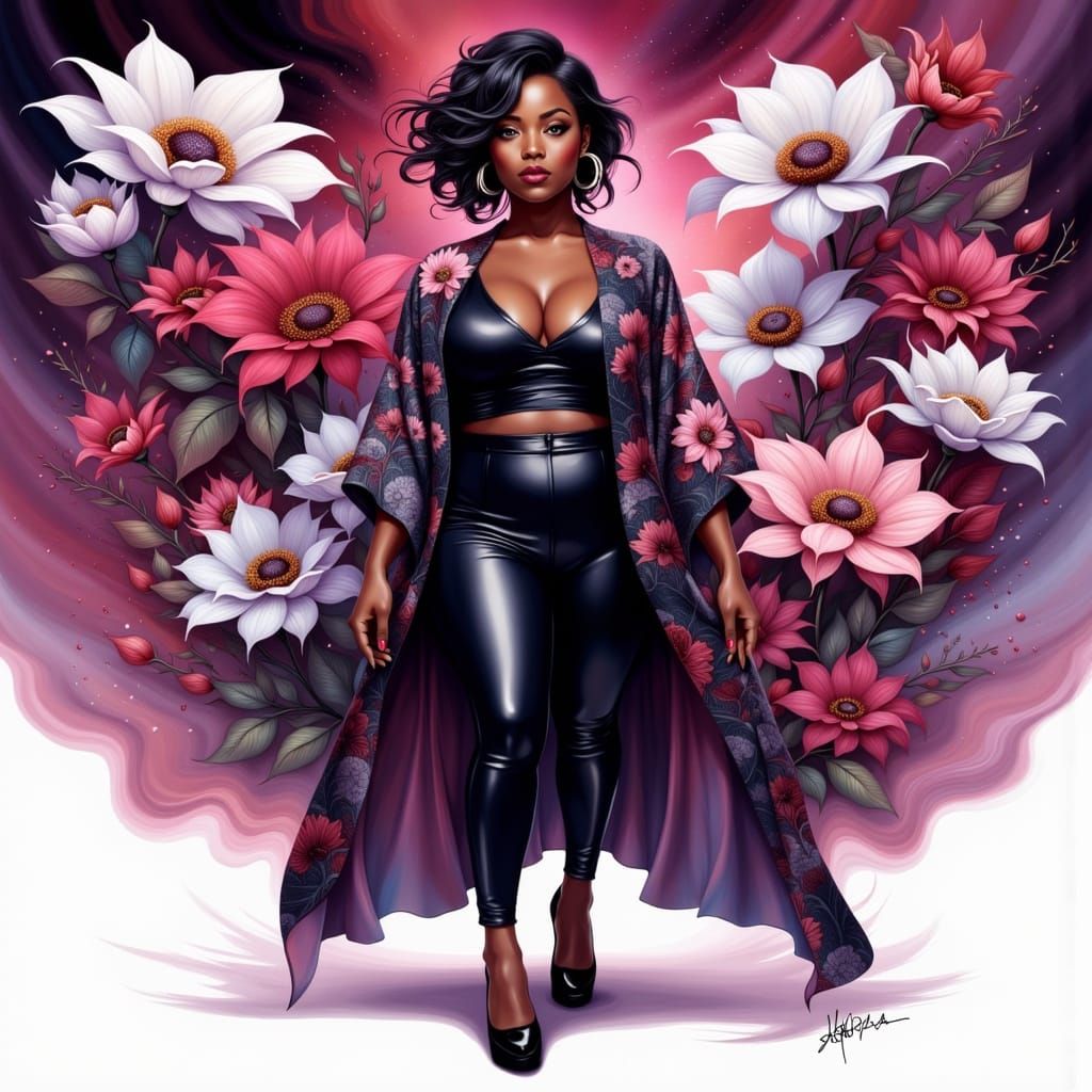 Stylized Cartoon of Confident Plus-Size Black Woman in Kimon...