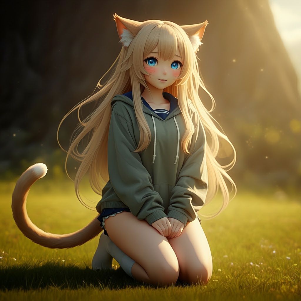 Anime Cat Girl in Meadow, Romantic Fantasy Art