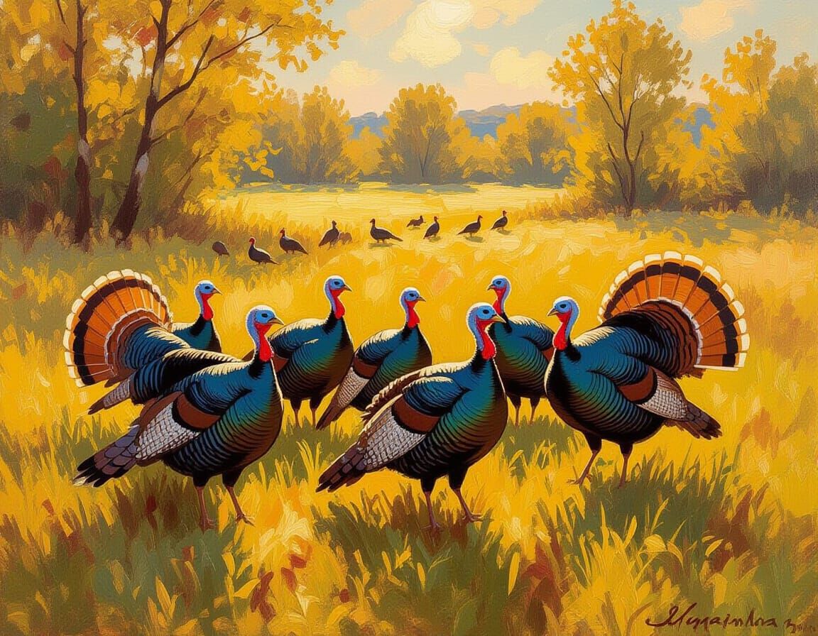 Wild Turkeys Strut Through Sunlit Meadow as Impressionist Oi...