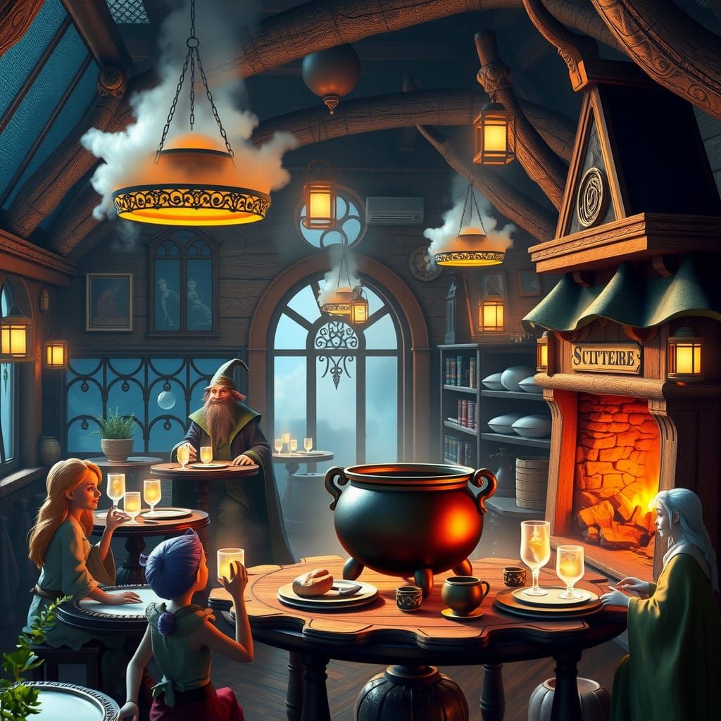 Enchanted Cafe with Wizard, Witch, and Magical Patrons