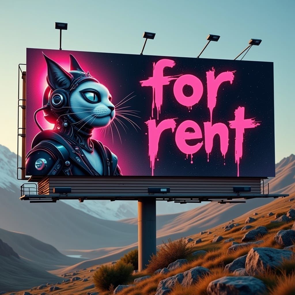 Cyberpunk Cat Cyborg Billboard Advertisement
