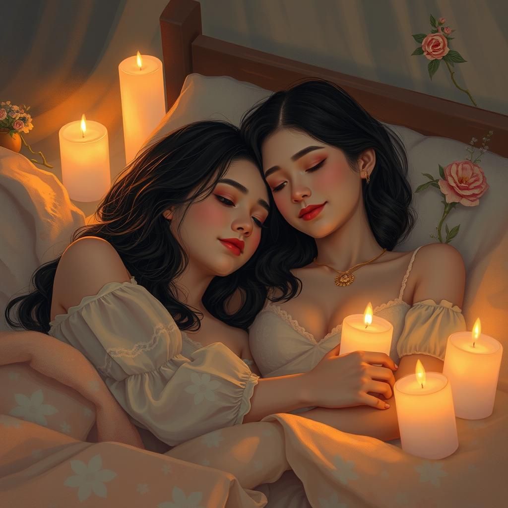 Romantic Woman Reclining in Candlelight, Art Nouveau Style