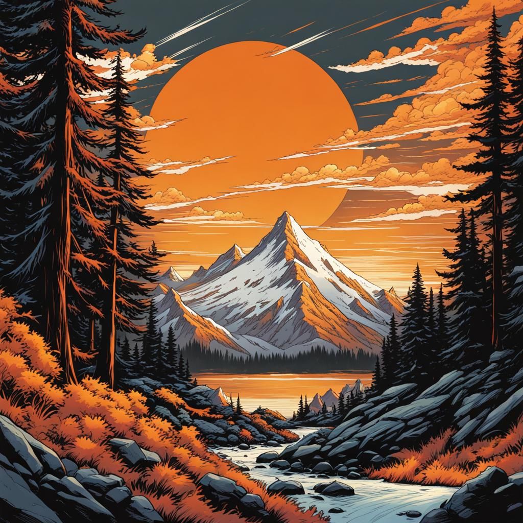 Orange and White Mountain Comic Book Art