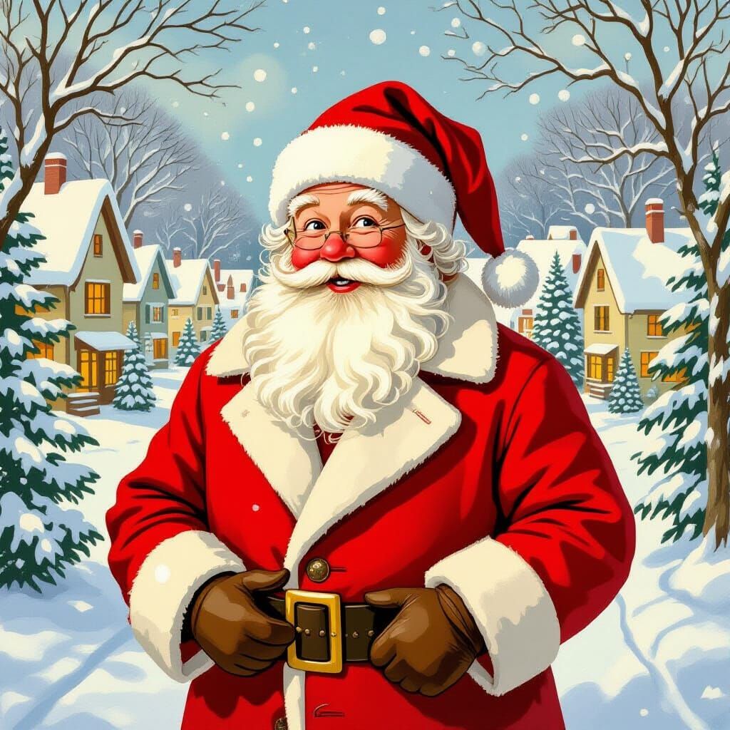 Nostalgic Santa Claus in Snowy Village Illustration