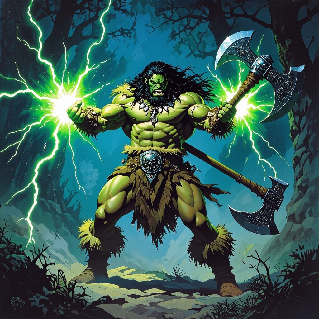 Barbarian Unleashes Lightning in Fantasy Art Style