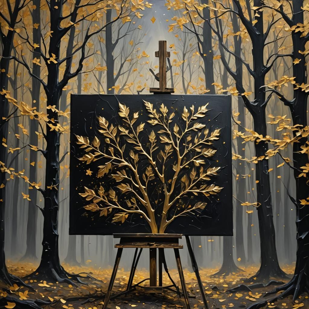 Golden Stars Shine Over Black and Gold Forest