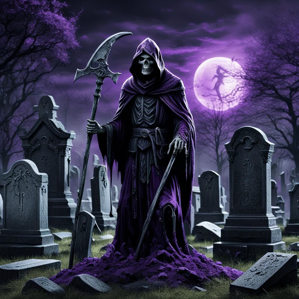 Grim Reaper in Gloomy Cemetery: Dark Fantasy Art
