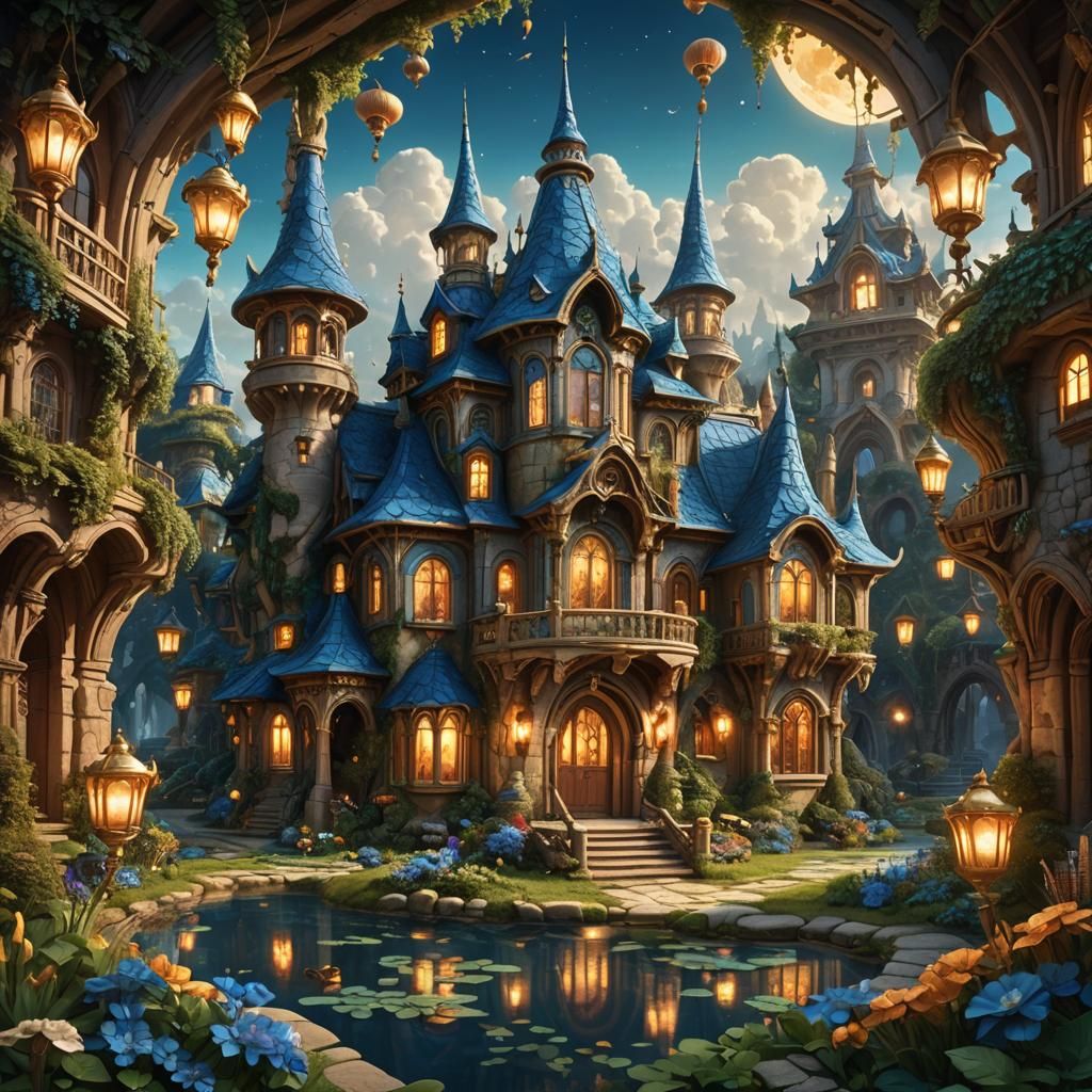 Dreamlike Wonder House with Floating Lanterns
