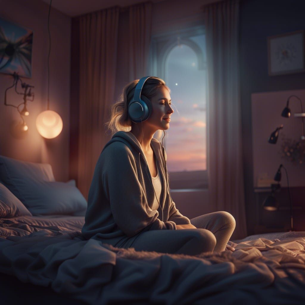 Woman Listening to Music in Bedroom, Digital Art