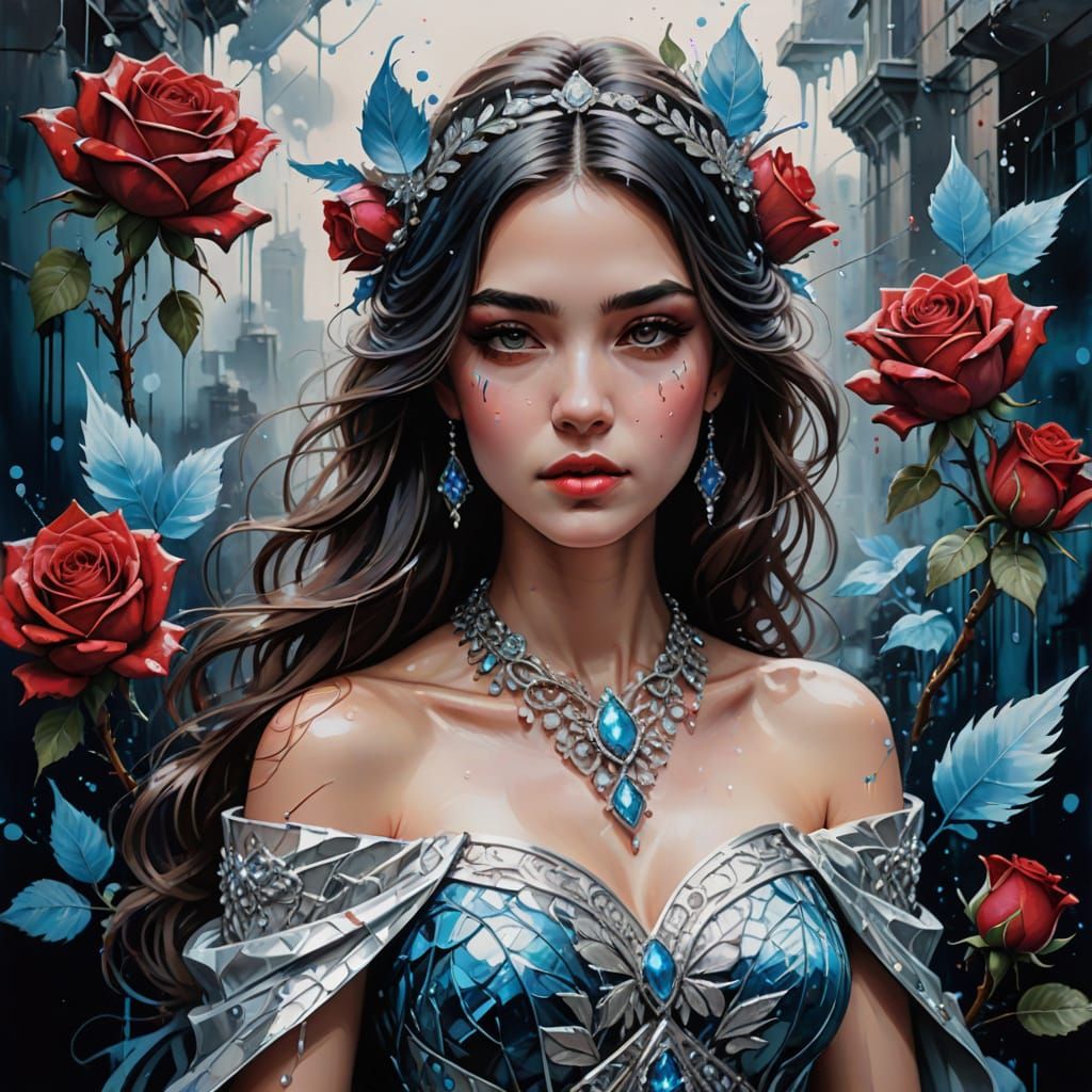 Fantasy Woman in Silver Dress with Red Rose